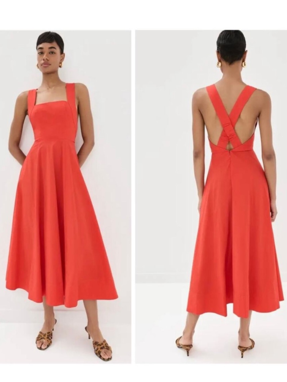 STAUD Teresa Square Neck Cross Back Cherry Fit & Flare Midi Dress 🍒
Size: 10